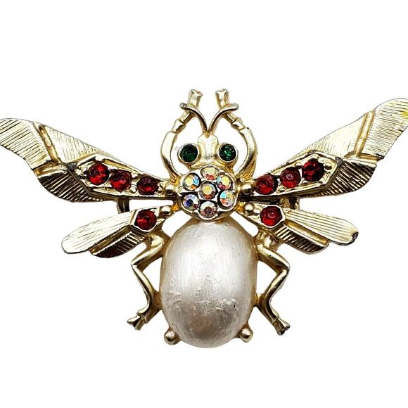 Rhinestone Bug Brooch Faux Pearl Belly Insect Pin Vintage MCM Wasp Bee Beetle - Picture 3 of 6